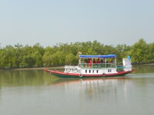 Tourist boat sailing through the river in Sundarban mangrove forest